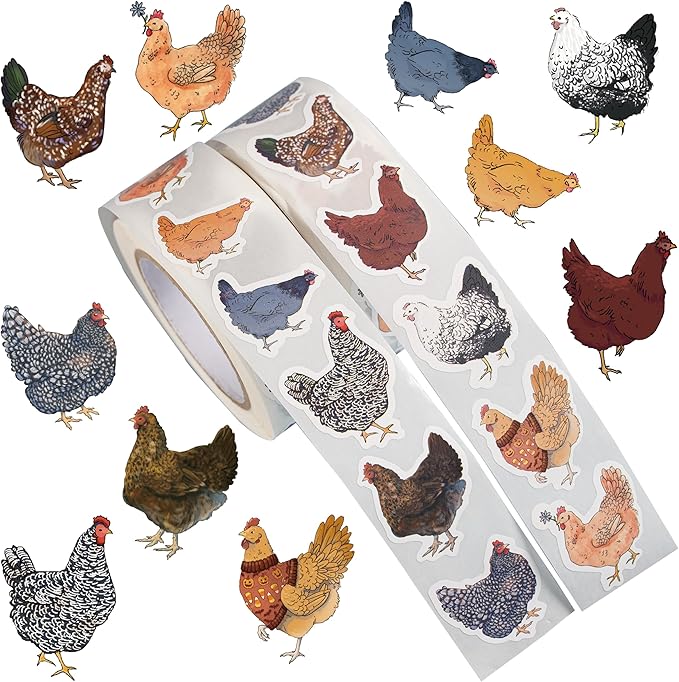 1000PCS Chicken Stickers Roll for Kids, 2 Rolls 10 Styles Cute Hen and Farm Stickers, Waterproof Vinyl Decals for Water Bottles Laptops Scrapbooking Party Favors Classroom Rewards