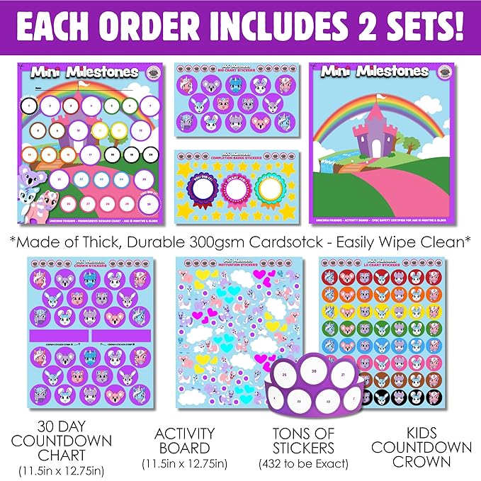 2PK Unicorn Friends Sticker Advent Calendar for Kids 18m+ Countdown to Christmas for Toddlers, 30 Days to Birthday, Vacation, Party, School with Activity Board & Crown by LIL ADVENTS Mini Milestones