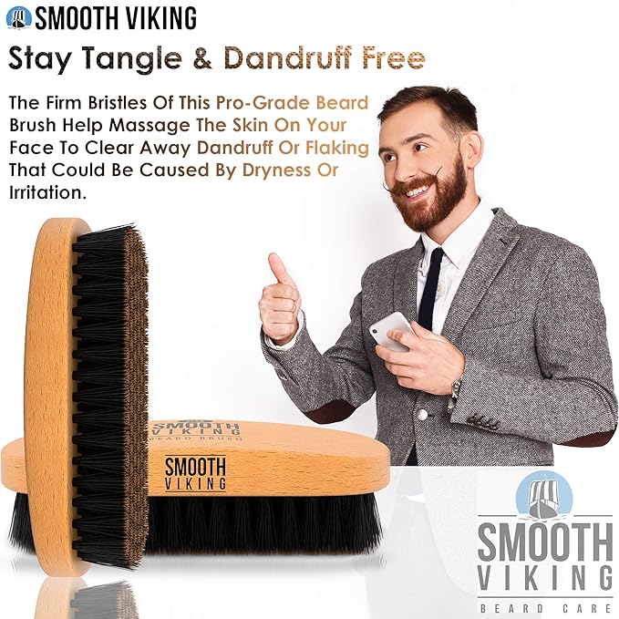Smooth Viking Beard and Facial Hair Grooming Set - Natural Boar Bristle Brush, Mustache Brush, Styling and Shaping Tool for Men