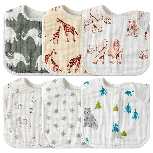 Zainpe 6Pcs Snap Muslin Cotton Baby Bibs Bear Fox Infants Drooling Bib Soft Absorbent Adjustable Burp Cloth Machine Washable Feeding Cloths for Newborn Girl Boy Toddler Teething Eating 0 to 36 Months