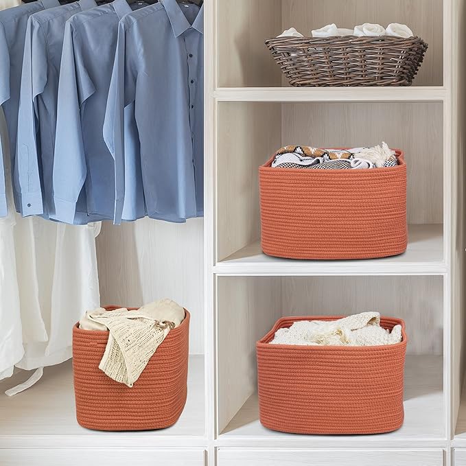 Cotton Rope storage Basket Bins Woven Basket for Organizing Shelves 14.5X9.5X9.3" Rectangle Decorative Baskets For storage Clothes Toys Books Towels Nursery basket organizer 3 pack Rust