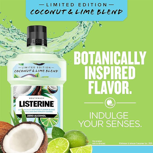 Listerine Coconut & Lime Alcohol Free Mouthwash, Oral Rinse Kills up to 99% of Bad Breath Germs, Limited Edition Coconut Lime Flavor, 500 mL