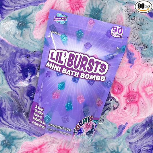 Tub Works Lil' Bursts Mini Bath Bombs for Kids, 90 Count, Cosmic | Nontoxic | Tiny With A Burst of Color, Foam & Bubbles | Customize With Fun Colors | Create Bath Art