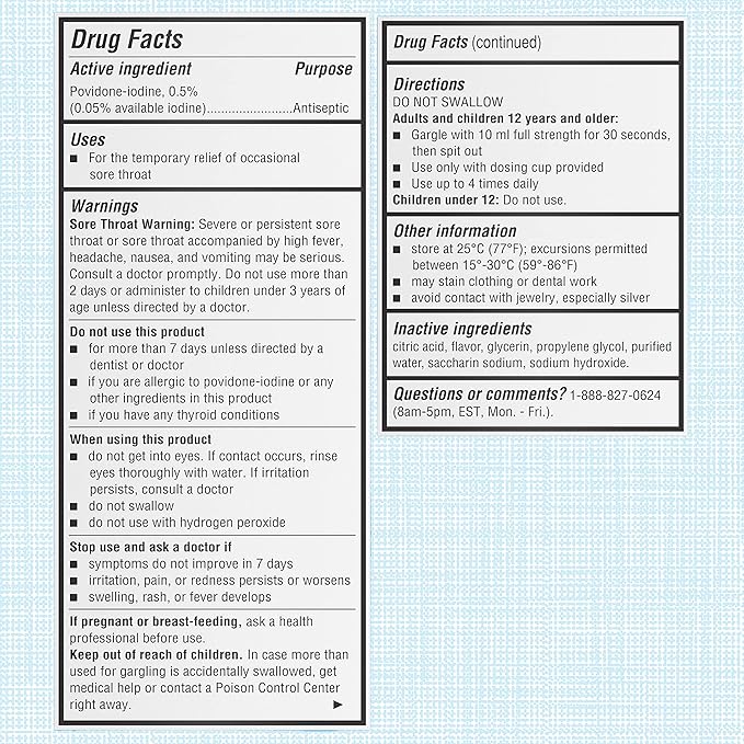 Betadine Sore Throat Relief Gargle, Mint Flavor, Fast Acting Antiseptic, Povidone-Iodine 0.5%, 8 oz (Pack of 2)