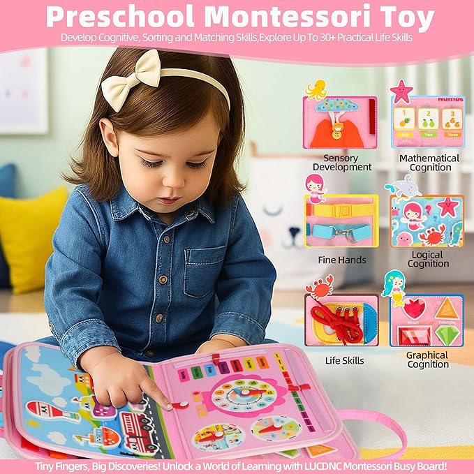 Toddler Busy Board Montessori Toys for 3 Year Old Birthday Gifts for Kids 10 Pages in 1 Soft Felt Activity Book Develop Fine Skills Educational Learning Sensory Travel Toys for Airplane Car