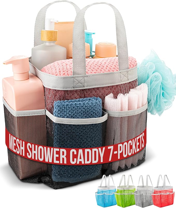 Handy Laundry Mesh Shower Caddy - 7 Pocket Portable Bathroom Organizer Tote for Travel, Gym & Dorm - Collapsible Small Shower Caddy Bag to Hold Toiletries & Essentials (Black)
