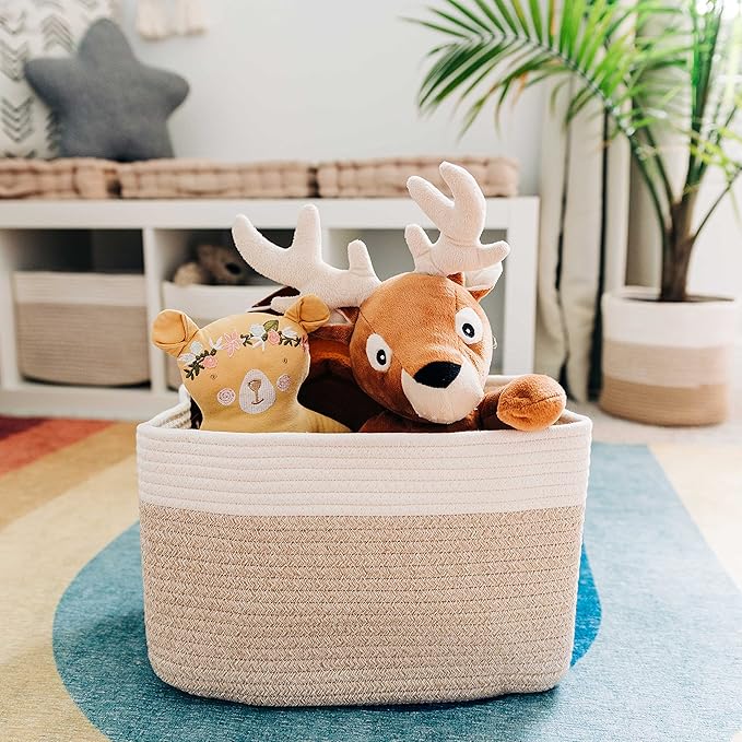 OrganiHaus Set of 3 Woven Storage Baskets for Shelves, Decorative Organizer Bins for Closet & Bathroom, Multipurpose Home Organization Baskets, Toy Storage Basket - Honey/Off-White, 15x9x10 inches