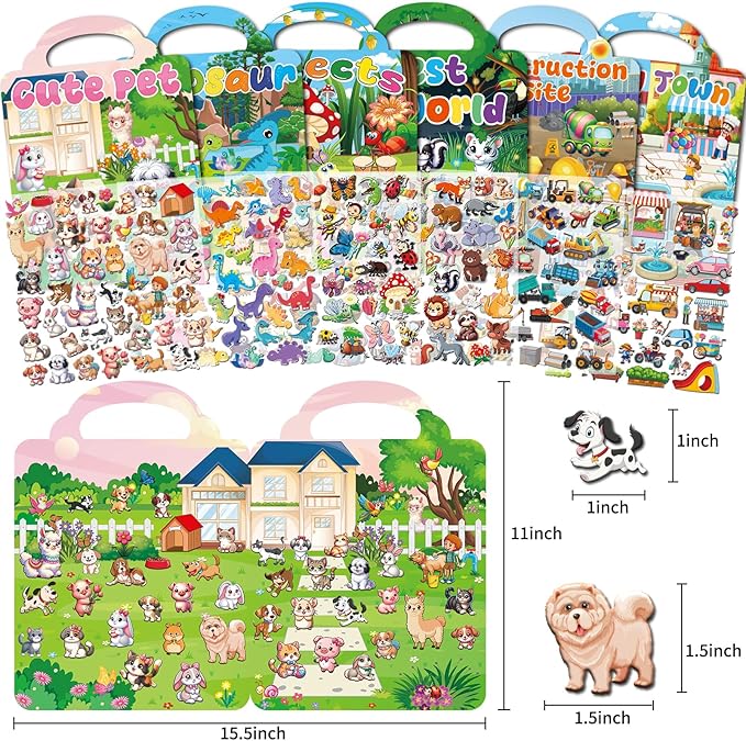 6 Set Reusable Sticker Books for Toddlers 1-3 2-4, Kids 3D Puffy Stickers (Dinosaurs, Forest, Town, Pets, Construction, Insects), Sticker Activity Books