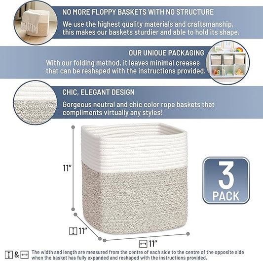 NaturalCozy Storage Cubes 11 Inch Cotton Rope Woven Baskets for Organizing, 3-Pack | Cube Bin Square Shelves Organizer, Classroom, Kids Toy Bins, Closet, Baby Nursery