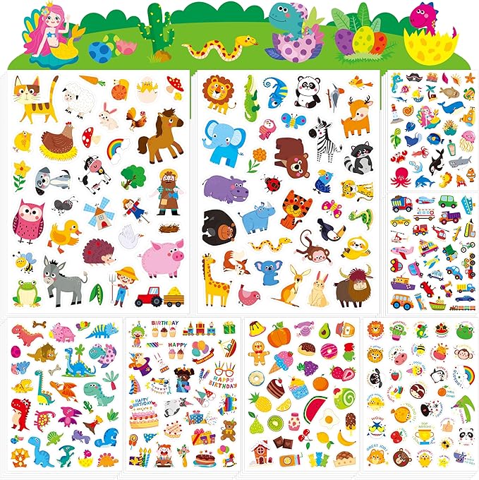 1300PCS Adorable Stickers, Farm/Marine/Wild Animals, Vehicles, Dinosaurs, Food, Party, Food, Reward Stickers Incentive System Stickers for Classroom, Kindergarten, Home Rewards, Craft Scrapbooking