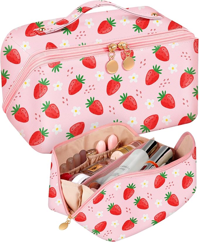 Bistup Makeup Bag Travel Cosmetic Bag Toiletry Make Up Bags Cute Women Large Capacity Big Medium Leather Strawberry Portable Teen Girls Teenage Kawaii Foldable Expandable Compact Open Flat Zip