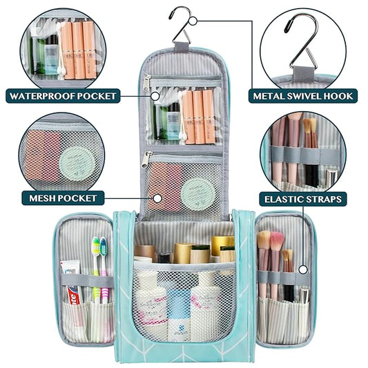 PAVILIA Toiletry Bag Travel Bag for Women Men, Hanging Cosmetic Organizer, Water Resistant Makeup Bag for Accessories Toiletries, Large Travel Essentials Kit (Teal Chevron)