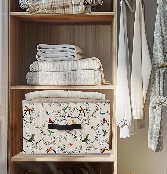 Nogrit Nature Bird Butterfly Storage Bins Box, Toybox for Girls, Colorful Branch Birds Foldable Baskets Organizer Container with Handles for Kids Girls Bedroom Bathroom Clothes Toys Books