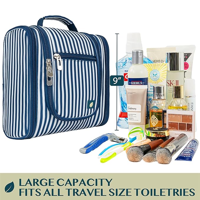 PAVILIA Toiletry Bag Travel Bag for Women Men, Hanging Cosmetic Organizer, Water Resistant Makeup Bag for Accessories Toiletries, Large Travel Essentials Kit (Stripe Navy)