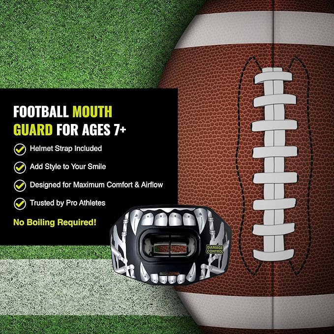 DAMAGE CONTROL Youth Football Mouth Guard – Breathable No Boil Mouthpiece, Protects Lips & Teeth, Works with Braces, Includes Helmet Strap – Sports Gear & Accessories (Terror Bite)