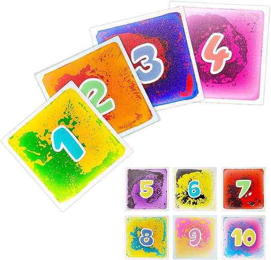 10-Pack Numbered Liquid Sensory Tiles, 12" x 12" Activity Play Mats for Toddlers Kids Boys Girls, Colorful Sensory Water Mat, Floor Activity Mat, Childhood Educational Toddler Learning Toys
