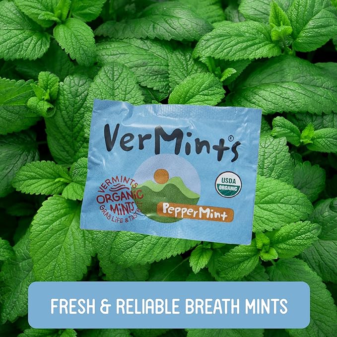 VerMints Organic Breath Mints PepperMint Candy Mints - Real Ingredients, Lasting Refresh - Travel Size Candies - Non-GMO, Vegan, Nut Free, Gluten Free & Kosher Peppermints - 100 Packets