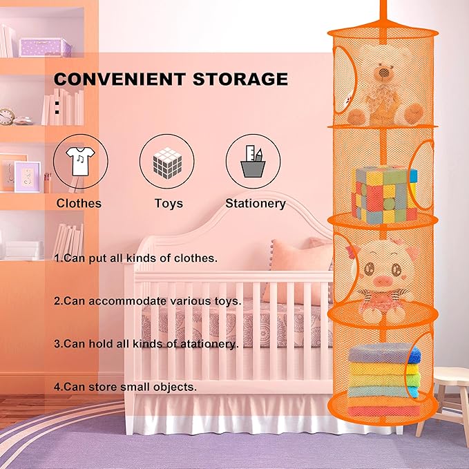 Libeder Mesh Hanging Storage Space Saver Bags Organizer,Foldable Storage Organizer 4 Compartments Toy Storage Basket for Kids Room Bathroom 2 Sets Orange