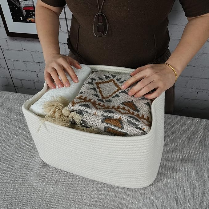 Cotton Rope storage Basket Bins Woven Basket for Organizing Shelves 14.5X9.5X9.3" Rectangle Decorative Baskets For storage Clothes Toys Books Towels Nursery basket organizer 3 pack white