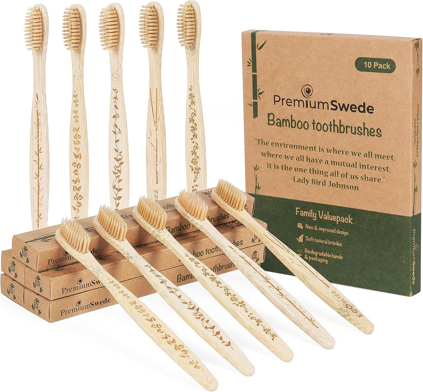 Bamboo Toothbrushes - Biodegradable Eco Friendly Soft Toothbrushes for Adults, Kids - Natural Wooden Toothbrushes with Soft Bristles - 10 Pcs Family Toothbrush Pack