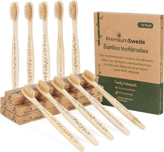 Bamboo Toothbrushes - Biodegradable Eco Friendly Soft Toothbrushes for Adults, Kids - Natural Wooden Toothbrushes with Soft Bristles - 10 Pcs Family Toothbrush Pack
