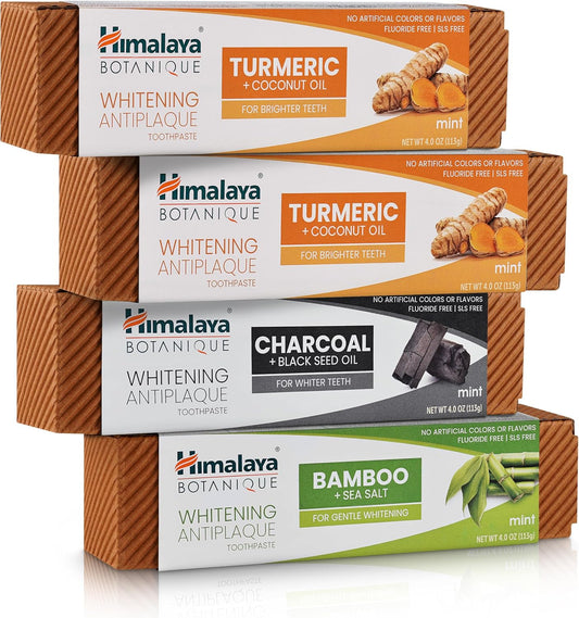 Himalaya Botanique Whitening Antiplaque Toothpaste, Variety Pack Mint Flavors - Whitening Toothpaste Without Fluoride for Whiter Teeth & Fresh Breath - Vegan, Gluten Free, 4 oz (Pack of 4)