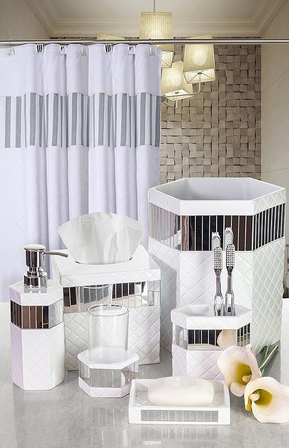 Creative Scents Quilted Mirror White Bathroom Accessories Set - Decorative 6 Piece Bathroom Set Includes: Trash Can, Tissue Box Cover, Soap Dispenser, Toothbrush Holder, Tumbler & Soap Dish