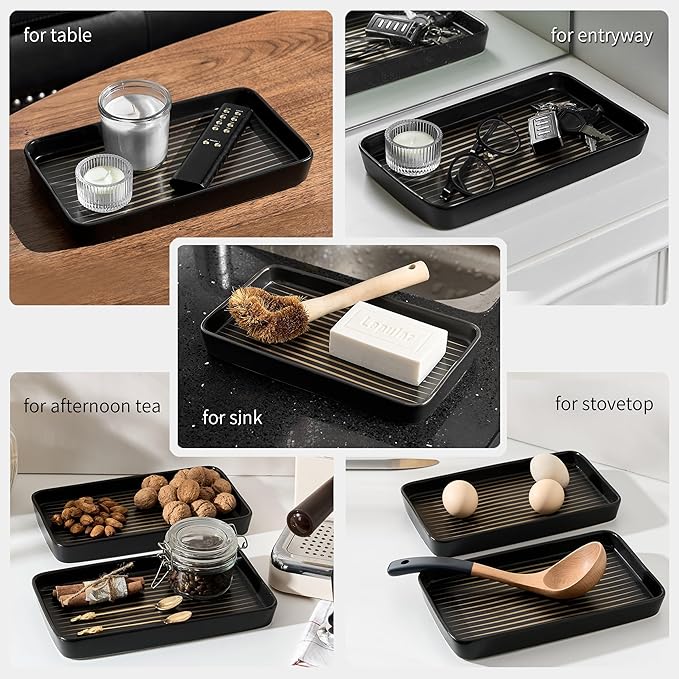 Bathroom Vanity Tray for Countertop,2PC Rectangle Striped Tray,Decorative Bathroom Organizer for Scrubber, Lotion Bottles, Perfume, Jewelry, Candle, Key Trinket Ring(Large,Black)