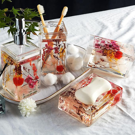 Locco Decor 4 Piece Acrylic Liquid 4D Floating Motion Bathroom Vanity Accessory Set Garden Botanic Pink Plants Toothbrush Holder, Tumbler, Soap Dispenser, Soap Dish