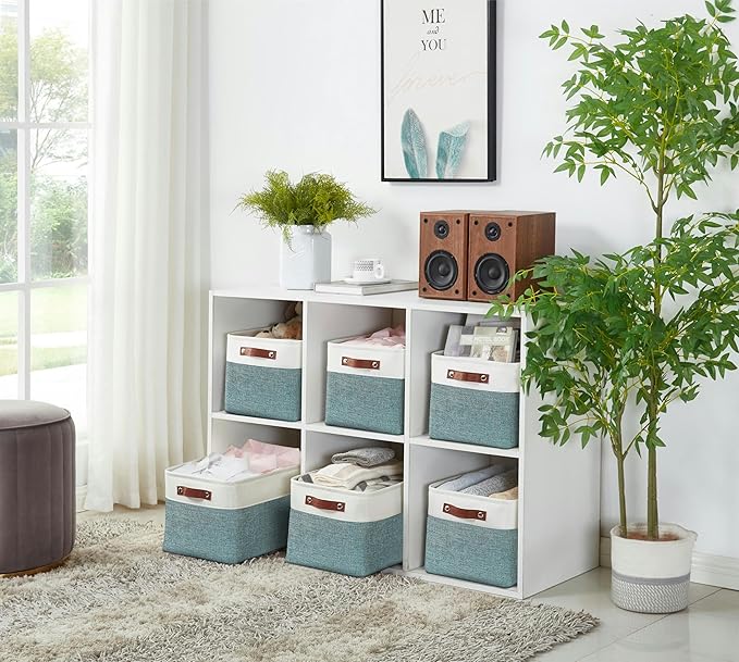 DECOMOMO Storage Baskets for Shelves - Fabric Storage Bins, Linen Closet Organizers and Storage (Green & White, Large - 4 Pack)