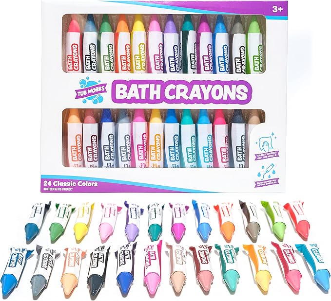 Tub Works® Smooth™ Bath Crayons Bath Toy, 24 Pack | Nontoxic, Washable Bath Crayons for Toddlers & Kids | Unique Formula Draws Smoothly & Vividly on Wet & Dry Tub Walls | Hexagon Grip Bathtub Crayons