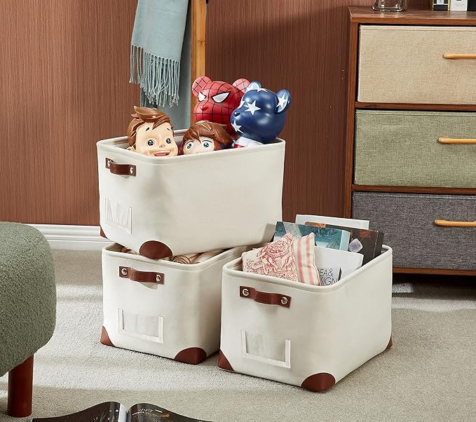 DECOMOMO White Storage Bins Fabric Storage Baskets for Shelves & Linen Closet Organization (Creamy White W/ Label holder, Large - 3 Pack)