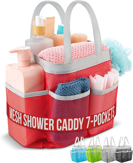 Handy Laundry Mesh Shower Caddy - 7 Pocket Portable Bathroom Organizer Tote for Travel, Gym & Dorm - Collapsible Small Shower Caddy Bag to Hold Toiletries & Essentials (Pink)
