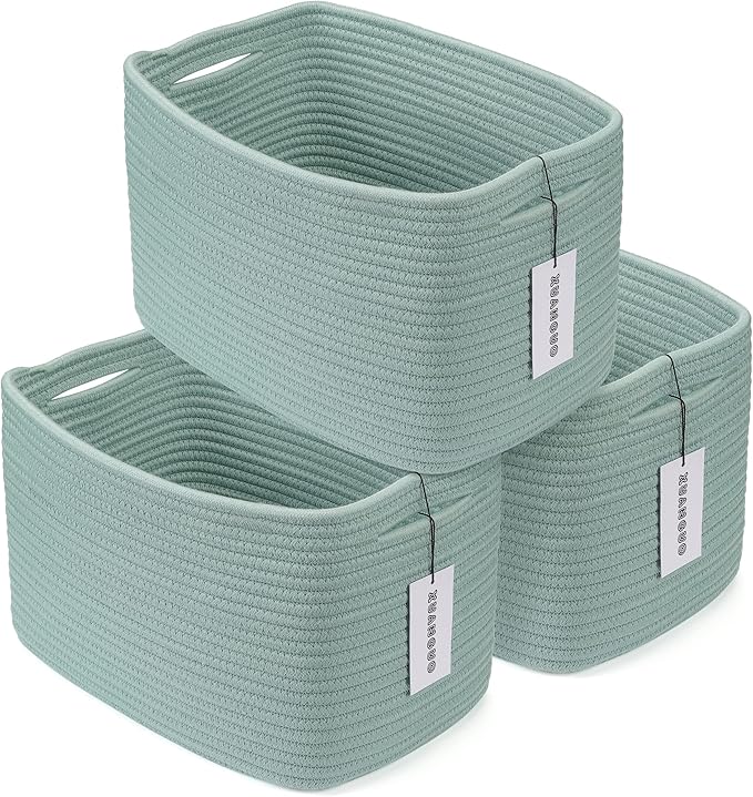 Cotton Rope storage Basket Bins Woven Basket for Organizing Shelves 14.5X9.5X9.3" Rectangle Decorative Baskets For storage Clothes Toys Books Towels Nursery basket organizer 3 pack Green