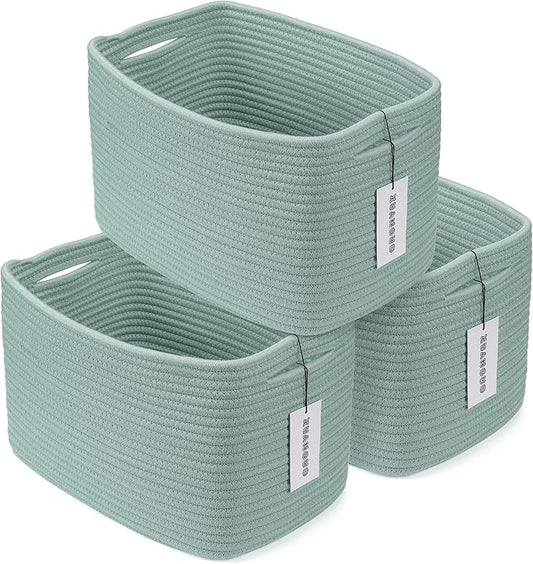 Cotton Rope storage Basket Bins Woven Basket for Organizing Shelves 14.5X9.5X9.3" Rectangle Decorative Baskets For storage Clothes Toys Books Towels Nursery basket organizer 3 pack Green