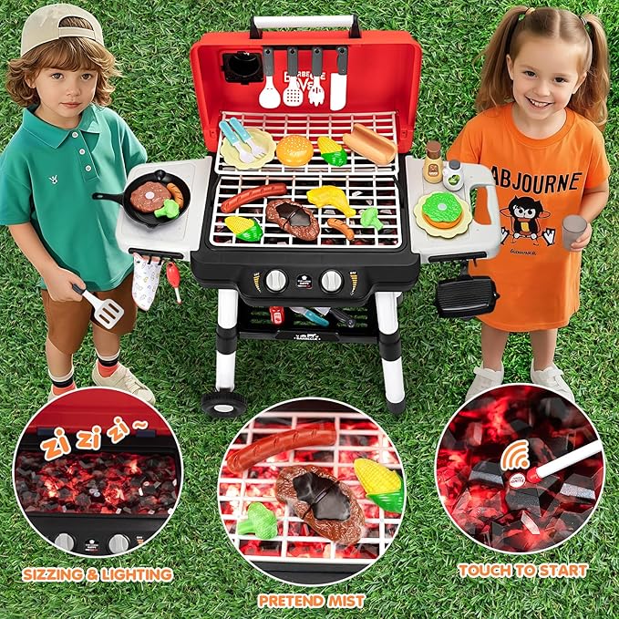 Kids Play Kitchen Toys, Kids BBQ Grill Playset with Smoke Sound Light, 2-Layer Barbecue Toy with Wheels, Outdoor Play Food Toys Cooking Set for Toddlers 3-5, Birthday for Boys Girls