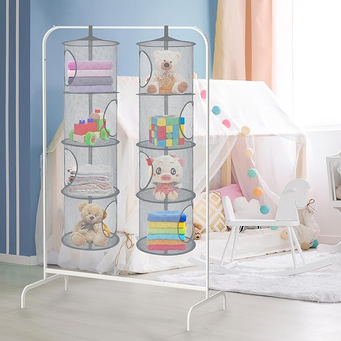 Libeder Mesh Hanging Storage Space Saver Bags Organizer,Foldable Storage Organizer 4 Compartments Toy Storage Basket for Kids Room Bathroom 2 Sets Grey