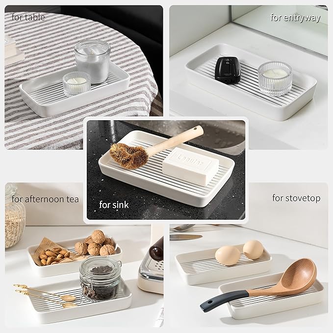 Bathroom Vanity Tray for Countertop,2PC Rectangle Striped Tray,Decorative Bathroom Organizer for Scrubber, Lotion Bottles, Perfume, Jewelry, Candle, Key Trinket Ring(Small,White)