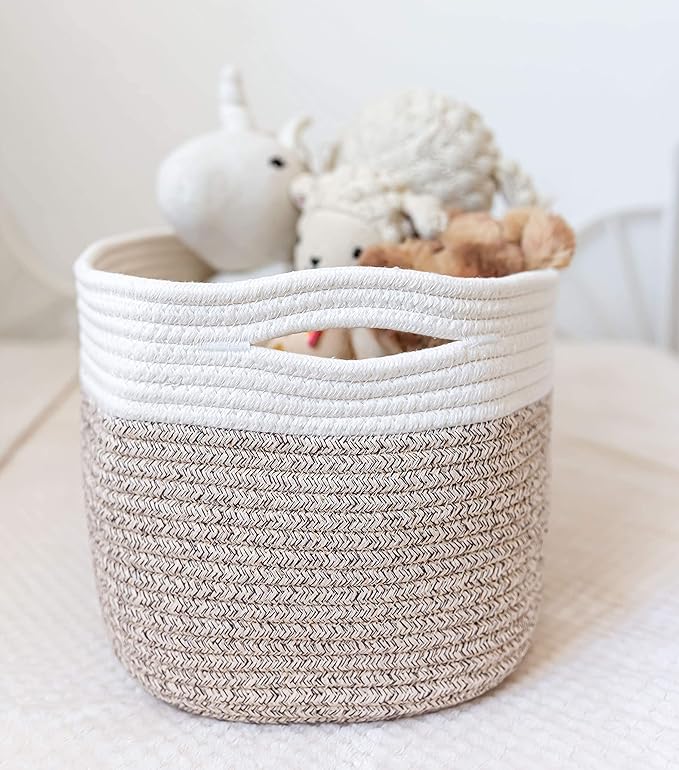 OrganiHaus Set of 3 Woven Storage Baskets for Shelves, Decorative Organizer Bins for Closet & Bathroom, Multipurpose Home Organization Baskets, Toy Storage Basket - Brown/Off-White, 15x9x10 inches