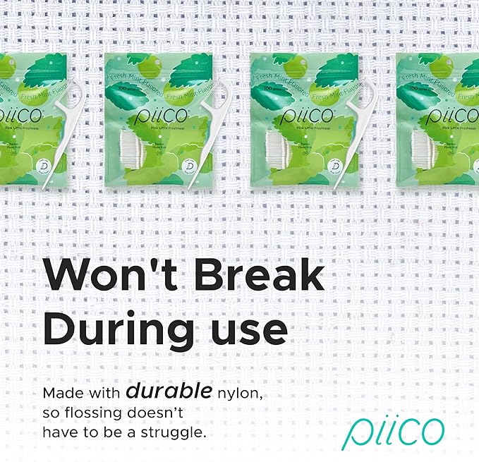 Piico Xylitol Floss Picks, 100 Count - Unbreakable, Shred-Resistant, Resealable, Unique Flavored Dental Flossers for Adults, Portable