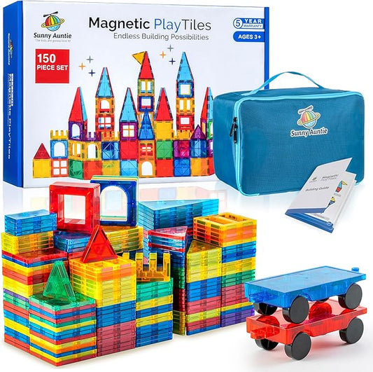 Magnetic Tiles 150 PCS+ Bonus Zippered CASE, Magnetic Tiles for Kids Toy for 3 4 5 6 7 8 Year Old Boys & Girls, Great Gift for Kids Aged 3-8, XL Set