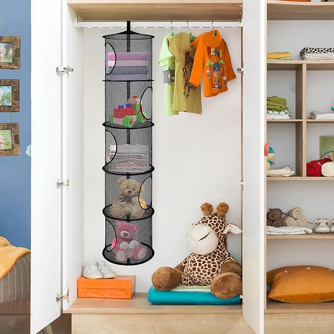 Libeder Mesh Hanging Storage Space Saver Bags Organizer,Foldable Storage Organizer 5 Compartments Toy Storage Basket for Kids Room Bathroom 2 Sets, Black