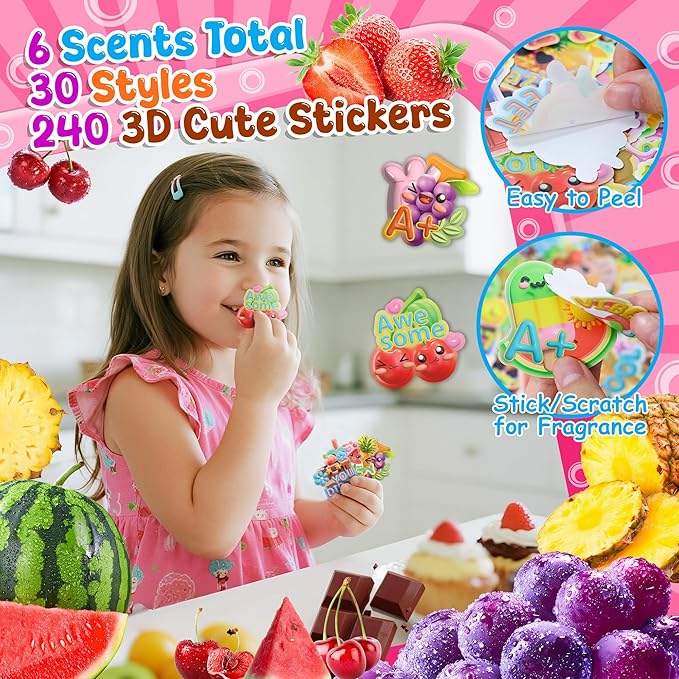 HORIECHALY 240 Pcs 3D Large Food Scratch and Sniff Stickers, Motivational Reward Scented Sticker for Kids & Teachers, Smelly Stickers for Classroom, Birthday, Student Party, School