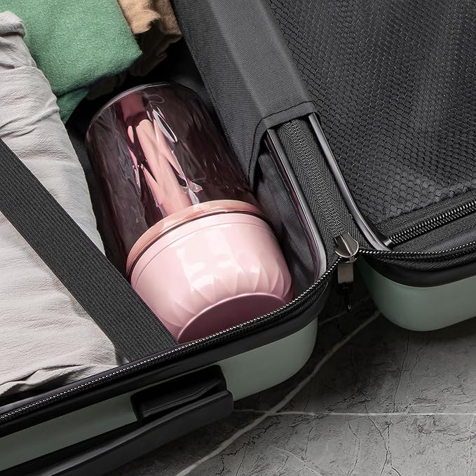 Toothbrush Holder Stand with Cup/Cover, Adjustable Height Toothbrush Organizer with 3 Slots, Portable for Bathroom, Travel, Camping (Pink)