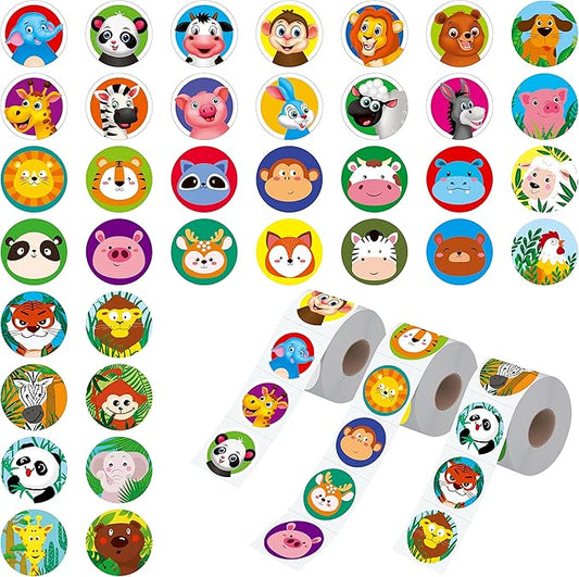 1800 PCS Round Animal Stickers, 36 Designs Adorable Cartoon Teacher Reward Encouragement Stickers for Kids, Party Decoration Sticker for School Classroom Home with Perforation Line(1” Each, 3 Rolls)