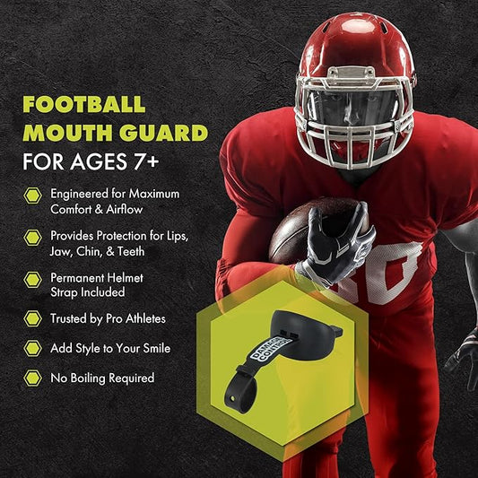 DAMAGE CONTROL Mouthguard with Permanent Helmet Strap, Youth Mouth Guard to Protect Lips & Teeth, No Boiling Pacifier, Breathable Binky Mouthpiece, Football Mouthpiece, Works with Braces (Black)