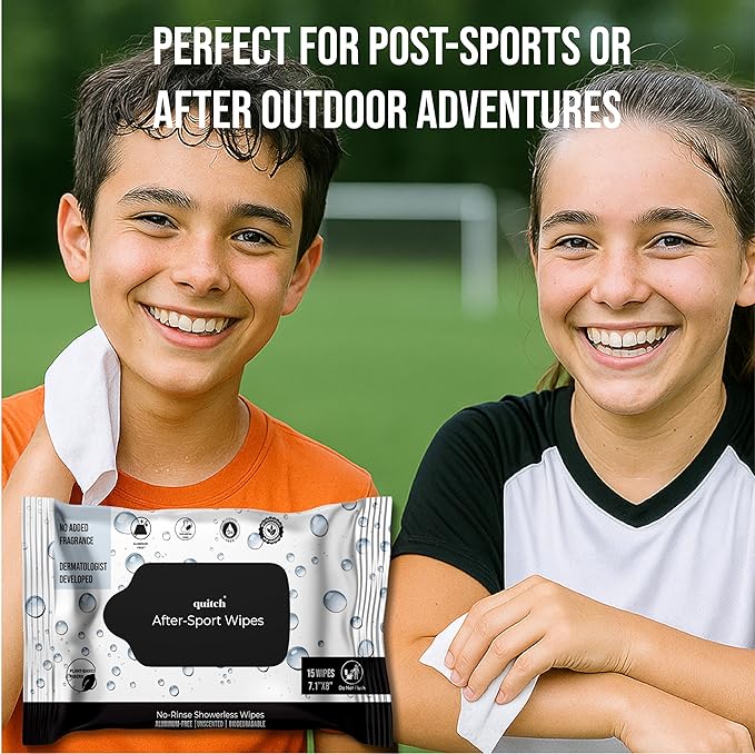 Quitch After-Sport Wipe Unscented Shower-Free Body Wipe for Kids & Baby, No Rinse, Underarm Aluminum-Free Natural Deodorant, Non-Toxic Sensitive Skin Towelettes, Travel-Friendly Camping Essential