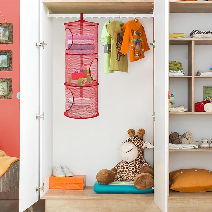 Libeder Stuffed Animal Storage Mesh Hanging Storage Space Saver Bags Organizer,Foldable Storage Organizer 3 Compartments Toy Net Storage Basket for Kids Room Bathroom 2 Sets Red