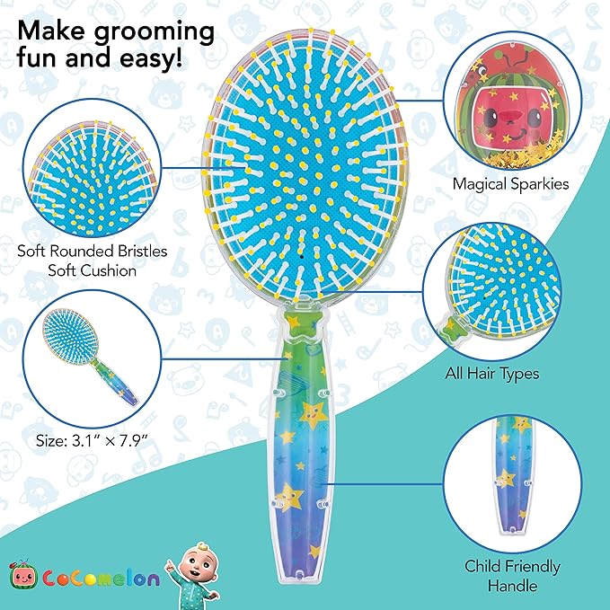 CoComelon Hair Brush with Magical Sparkling Stars Confetti HairBrush, Green - Kids Hair Brush Ages 3+