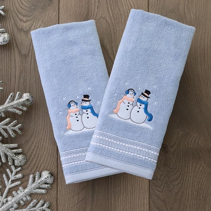 SKL Home Christmas/Winter Glitz Snow Couple 100% Cotton Embroidered 2pc Hand Towel Set, Decorative for Bath/Kitchen/Bar, Light Blue